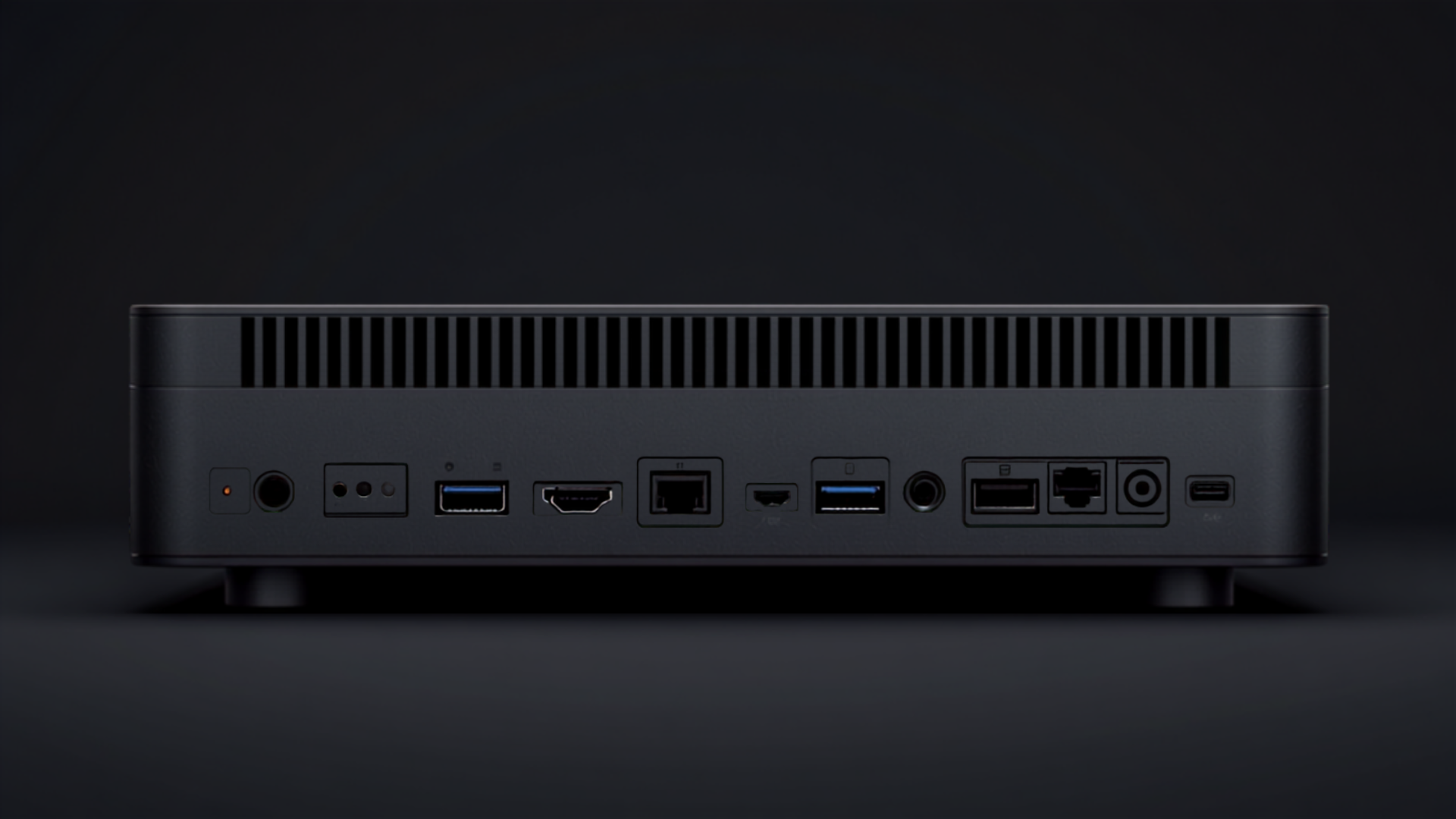 Rear panel of the cato8 Professional showing the full port row and ventilation band