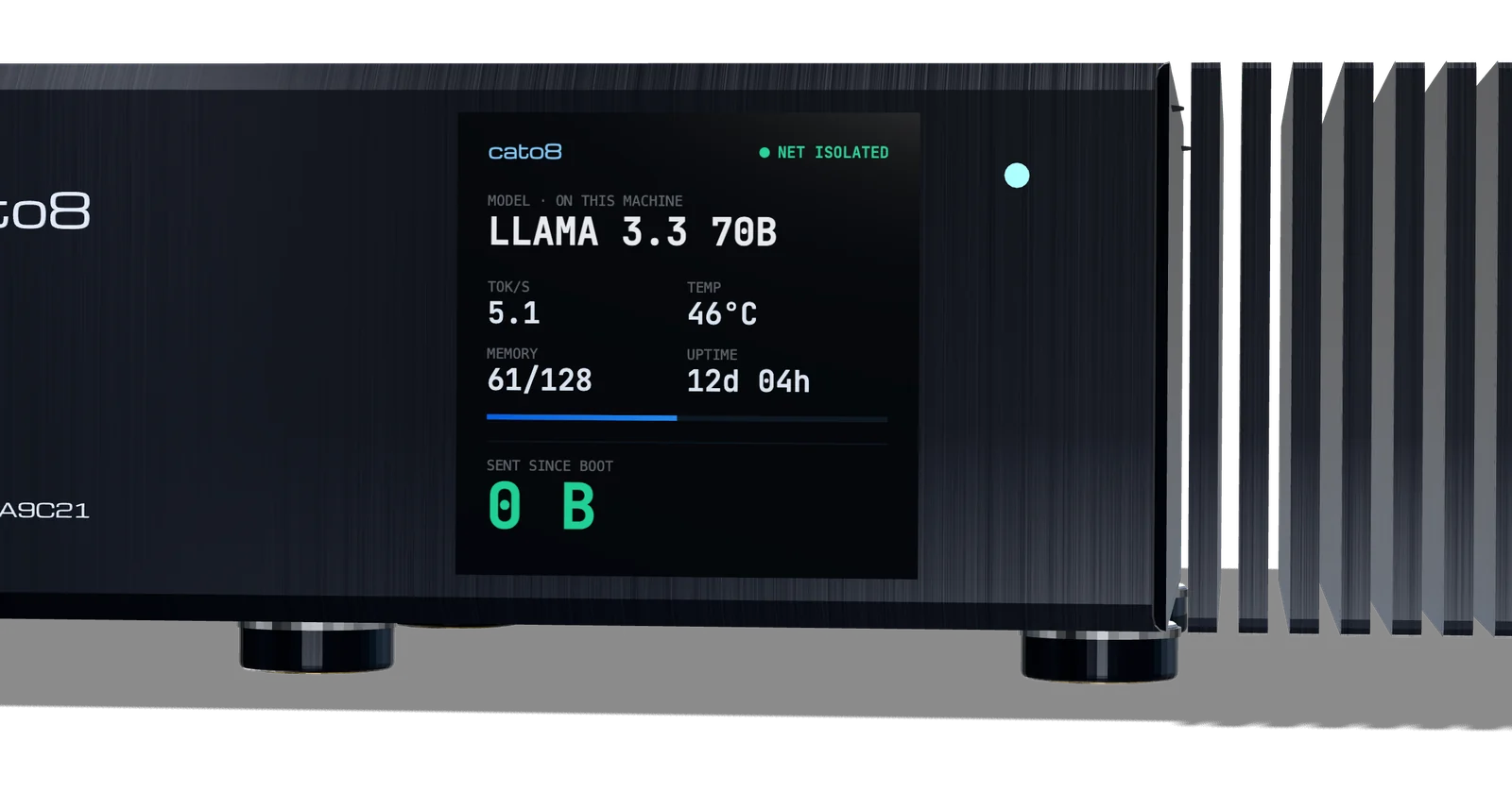 The front display awake, showing Llama 3.3 70B, 5.1 tokens per second, memory, temperature and 0 bytes sent