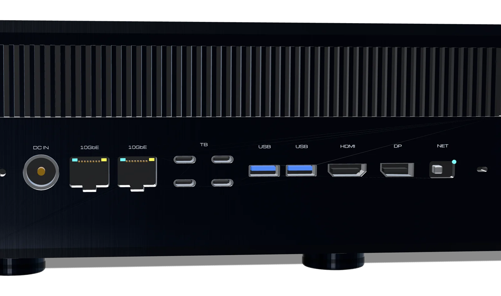 The rear panel in satin black: DC in, two 10GbE ports, four Thunderbolt, USB, HDMI, DisplayPort and the NET isolation switch, each labelled